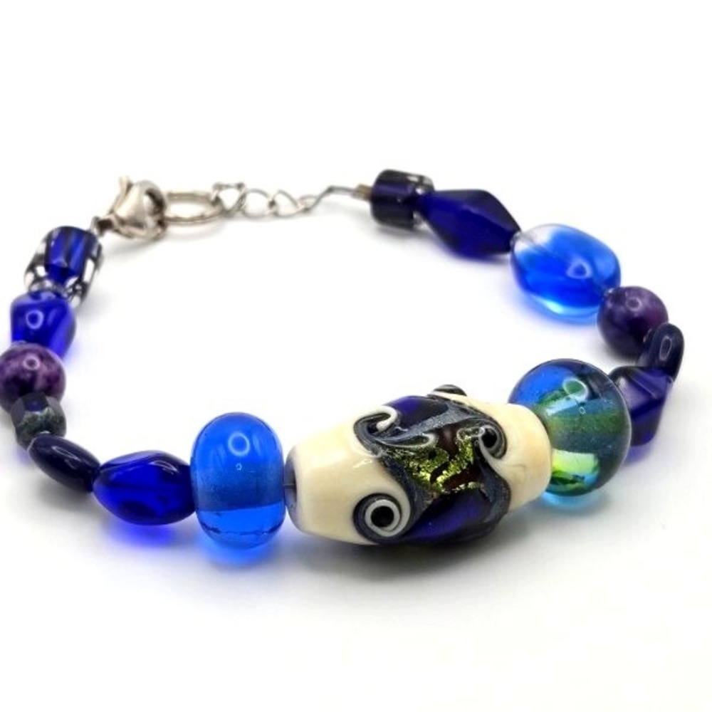 Handmade Blue Glass Beaded Bracelet Lampwork Czech Dyed Stone‎ Beads 925 Clasp